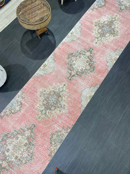 Turkish RUNNER Rug, Oushak 2.10 x 13.10 Runner Rug, Distressed Runner Rug, Wool Oushak Muted Rugs, Vintage Runner Rug,Handmade Rug Runner