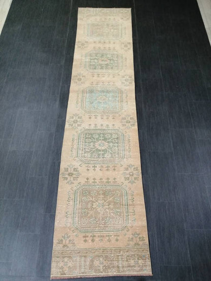 VINTAGE RUNNER Rug, Muted 2.5 x 11.4 Vintage Turkish Runner Rug, Oushak Runner Rug, Hand woven Rug, Oriental runner Rug