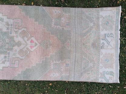 Pastel vintage runner rug, oushak wool runner 2'5x9'7 hallway handmade runner, turkish runner rug, entery runner, kitchen runner