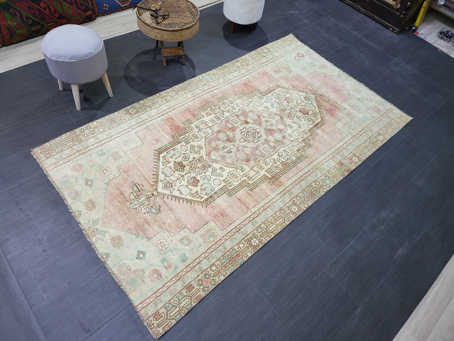 Antique Rug, Muted TURKISH RUG, 4.5 x 8.2 VINTAGE Rug, Living Room Rug, Oushak Rug, Handmade Rug, Earth Tones rug, Persian Rug,farmhouse rug