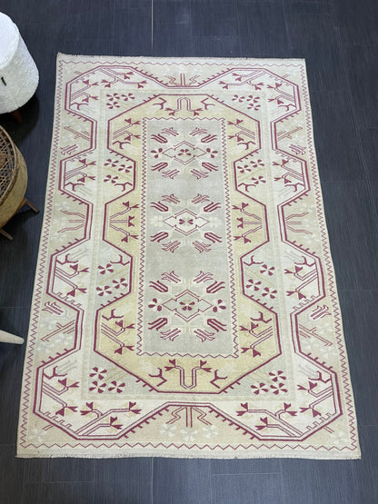 Vintage RUG, TURKISH Oushak Rug Hand Knotted 5x6 Rug, Oriental Rug, Vintage Persian Rug, Handmade Rug, Turkish Rug Antique Rug