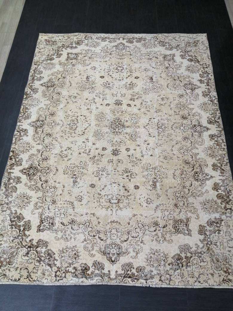 NEUTRAL Vintage RUG TURKISH Large Rug 9.5 x 7 Oushak Rug Vintage Oushak Rug Vintage Rug Muted Oushak Rug Hand Made Rug Vintage Neutral Rug