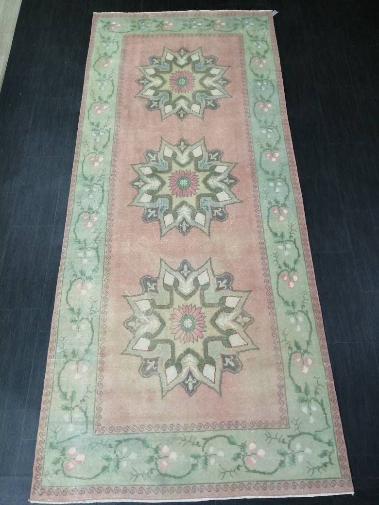 Wool Runner Rug  Muted 4.5 x 10.6 Hand Made Runner Rug Turkish Runner Rug Vintage Runner Rug Hallway Runner Rug Wool Kitchen Runner Rug