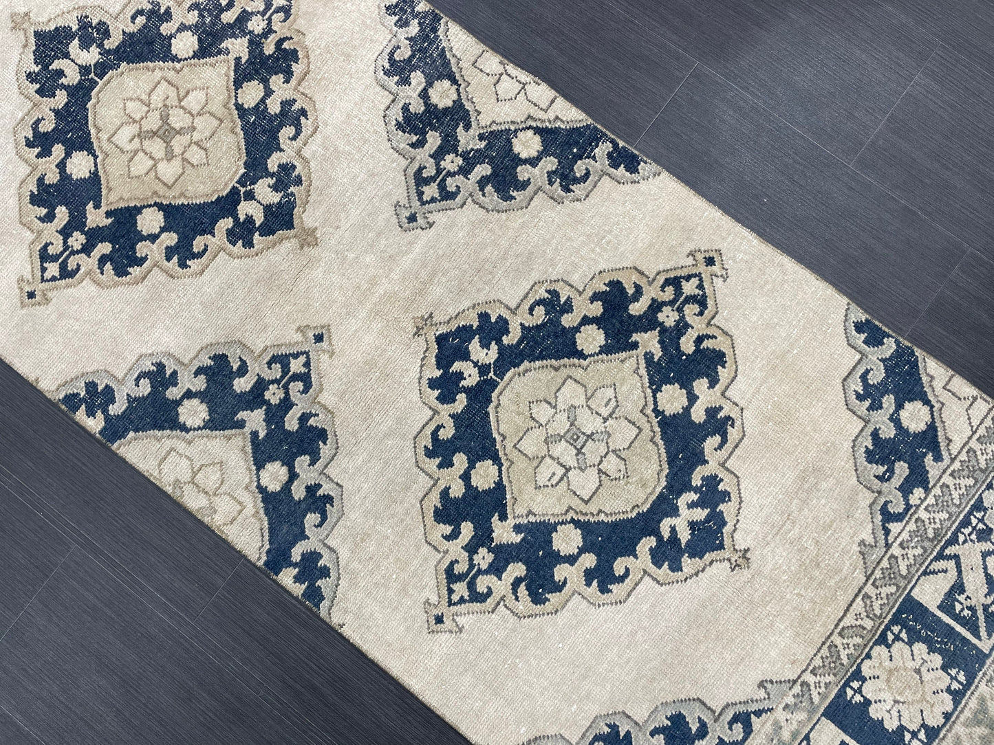 WOOL Hand Knotted Runner Rug Turkish Runner Rug 2.8 x 12.7 Muted Vintage Hallway Runner Rug Kitchen Runner Rug Persian Runner Rug Navy