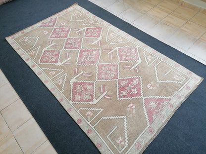 Neutral oushak rug, vintage wool rug turkish handmade rug 4'10x8'5 runner rug, living room rug, kitchen runner