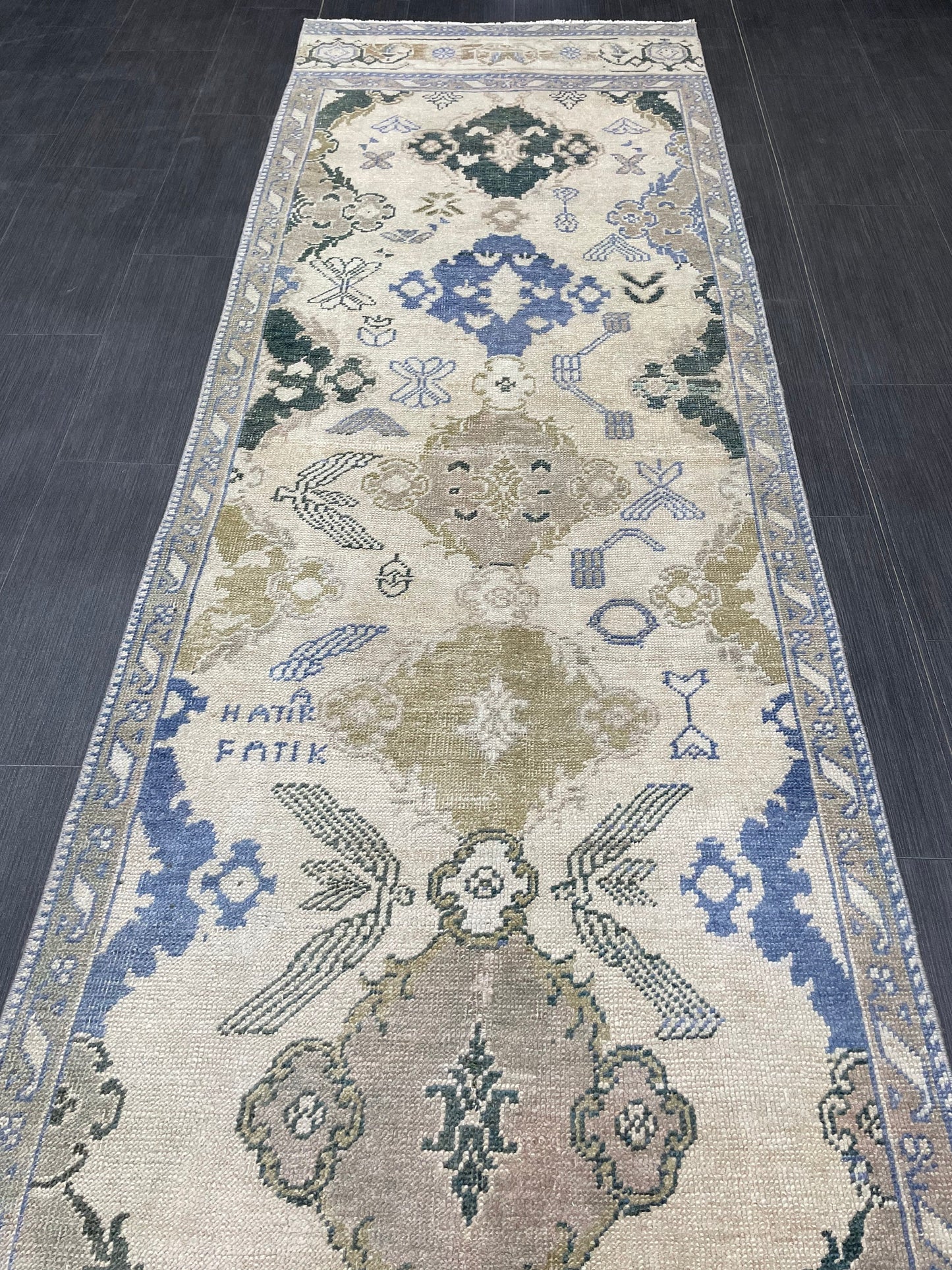 Blue Green Turkish Oushak Runner Rug  3x13 ft Turkish Runner Rug XL Vintage Runner Rug Long Hallway Runner Rug Kitchen Runner Wool Pile