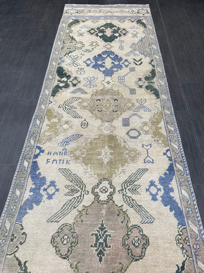 Blue Green Turkish Oushak Runner Rug  3x13 ft Turkish Runner Rug XL Vintage Runner Rug Long Hallway Runner Rug Kitchen Runner Wool Pile