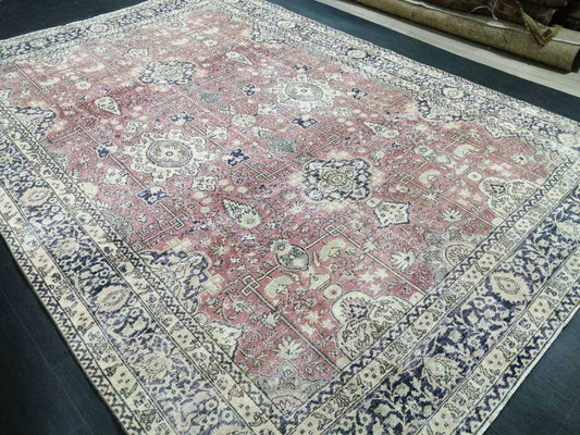 Muted Persian RUG 7.7 x 11 Turkish Oushak Rug Vintage Antique Rug Vintage Blue Pink Rug Wool Muted Oriental Rug Hand Made Rug