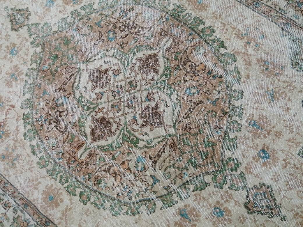 OUSHAK RUG Persian Rug 6.8 x 10.4 TURKISH  Rug Vintage Wool Rug Muted Vintage Oriental Rug Wool Oushak Rug Hand Made Rugs Green Vintage Rug