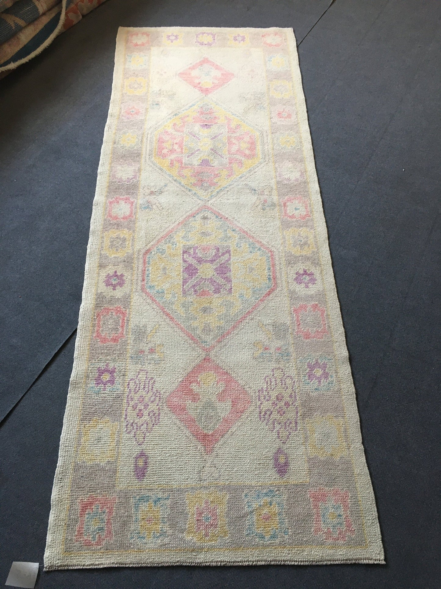 3x8 feet handmade new turkish runner rug, vintage destroyed beige wool kitchen floor runner, long oushak purple living room area runner rug