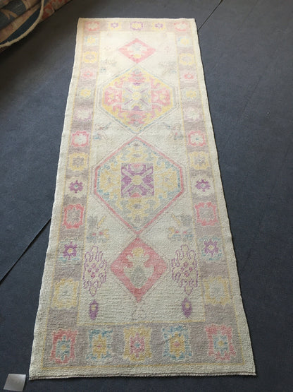 3x8 feet handmade new turkish runner rug, vintage destroyed beige wool kitchen floor runner, long oushak purple living room area runner rug