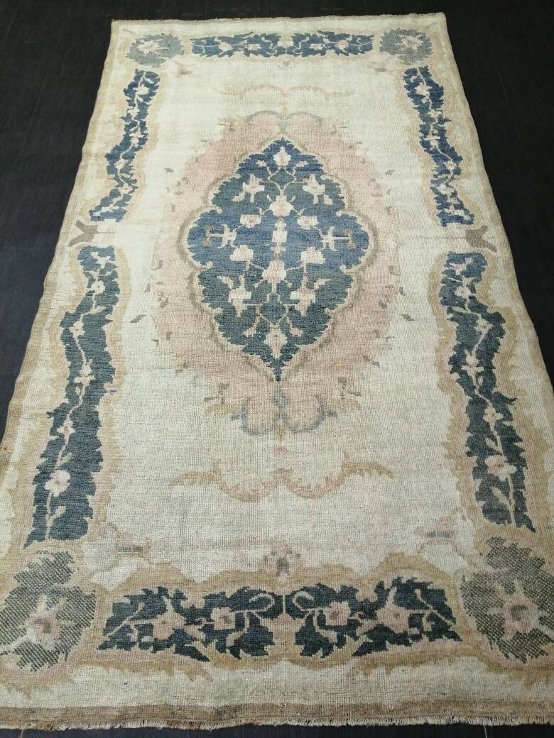 Persian Rug, Muted Vintage Rug,  5x9 Blue Turkish Rug, Wool Entryway Rug, Livingroom Rug Oushak Rug Navy Oriental Rug