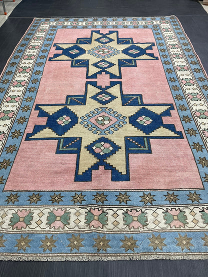 Wool OUSHAK RUG TURKISH 6.6 x 10 Rug  Vintage Oriental Rug Vintage Handmade Rug Wool Vintage Pink and Blue Rug Hand Knotted Rug