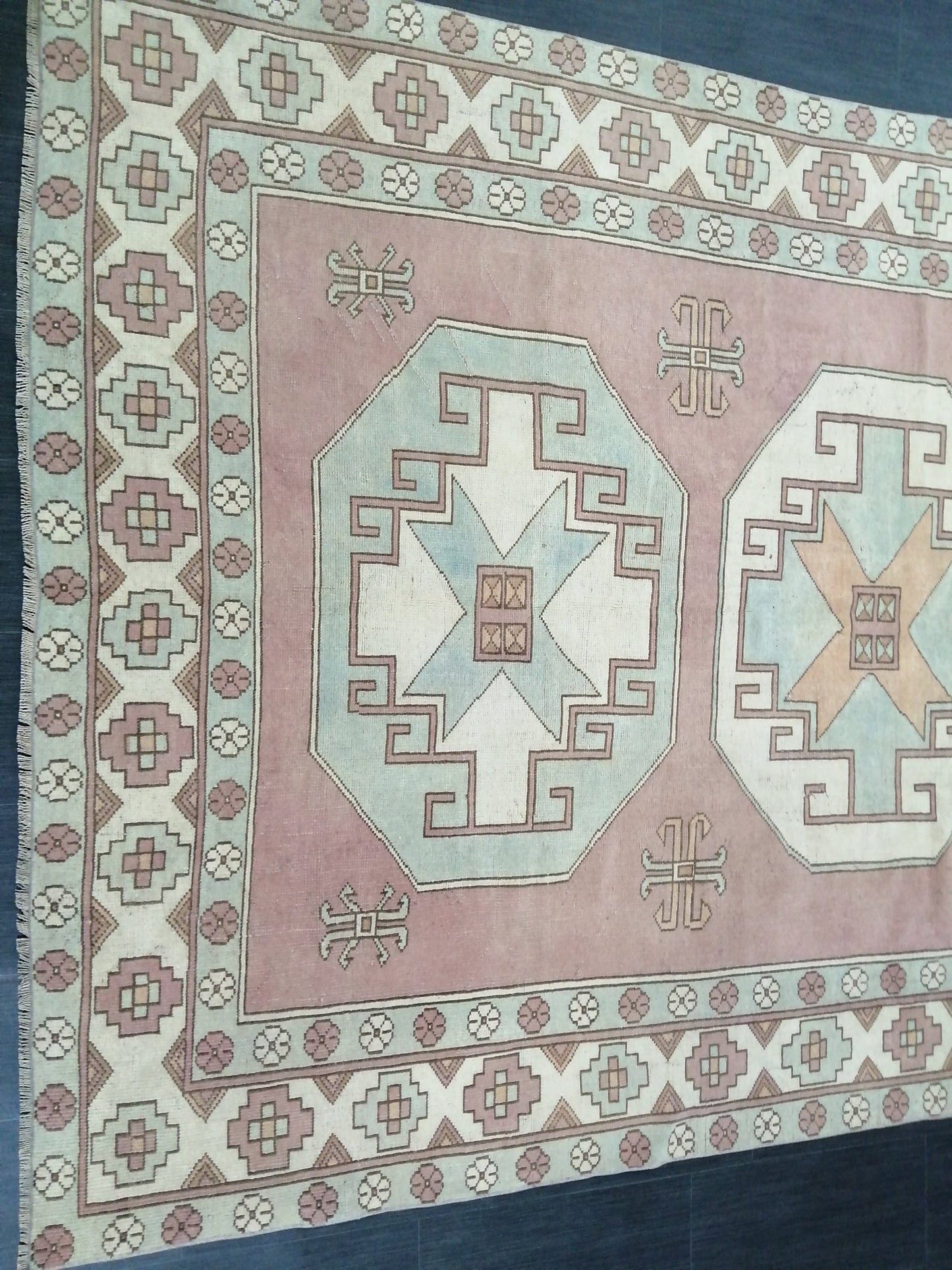 Muted OUSHAK RUG 9.7 x 6.4  Muted Vintage Rug Vintage Rug Dusty Rose And Ice Blue Wool Oushak Rug Hand Made Rugs Vintage Turkish Rug