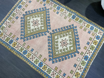 Vintage Rug, Handmade Rug, 3.3 x 4.4 Oushak Rug, Turkish Rug, Natural Wool Rug, Fun Rug, Persian Rug, Soft Wool Rug, wholesale Rug