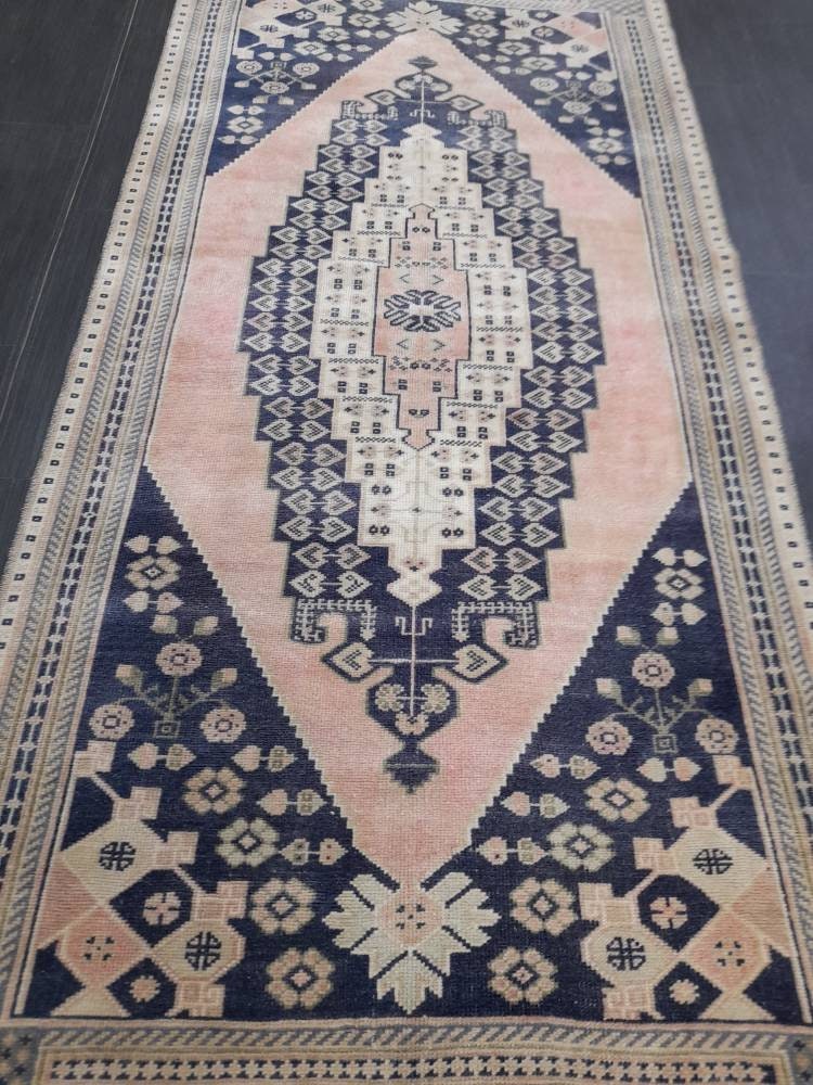 Blue and Pink TURKISH Runner Rug Vintage Runner Rug 3 x 9 Oriental Runner Rug Wool Oushak Rug Hand Knotted Rugs Vintage Turkish Runner Rug