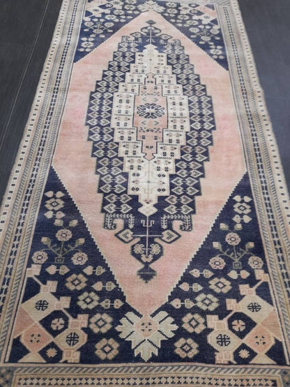 Blue and Pink TURKISH Runner Rug Vintage Runner Rug 3 x 9 Oriental Runner Rug Wool Oushak Rug Hand Knotted Rugs Vintage Turkish Runner Rug