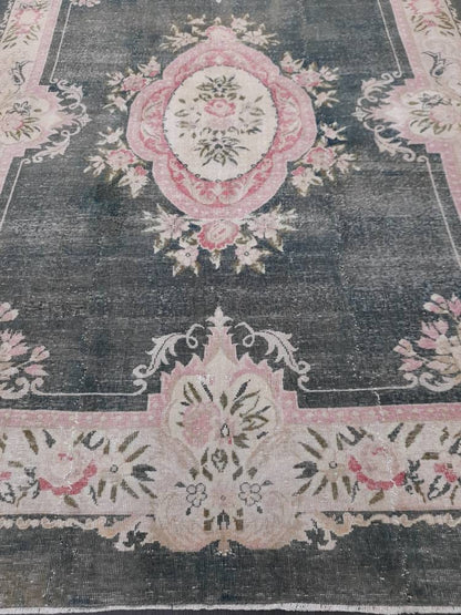 Vintage RUG  Hunter Green and Light Pink Antique Rug Vintage Wool 7.3 x 10 Oriental Rug Hand Made Rug Hand Knotted  Rug Wool on wool Rug