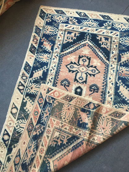 4x7 feet turkish large bedroom rug, handmade blue muted living room floor rug, vintage bathroom area rug, bohemian persian motif wool rugs