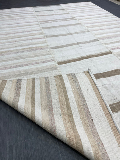 Neutral Vintage Rug 6.4 x 9.7 Stripe Wool Rug Muted Vintage Flat woven Rug Neutral Flatweave Carpet Stripped Rug Handmade Rug Turkish Kilim