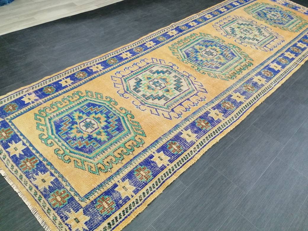 Vintage Runner Rug, 4 X 12.3 Muted Oushak Rug, Turkish Runner Rug , Yellow Persian Rug Runner Turkish Rug, Vintage Rug Oriental Rug 4x12
