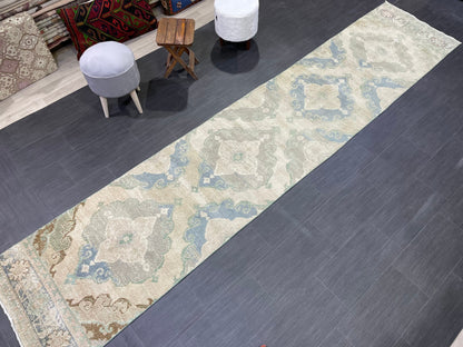 Muted Vintage Runner 2.6 x 12.6 Rug, Persian Runner Rug, Wool Oushak Runner Rug, Turkish Runner Rug, Kitchen Runner Rug, Hallway Runner rug