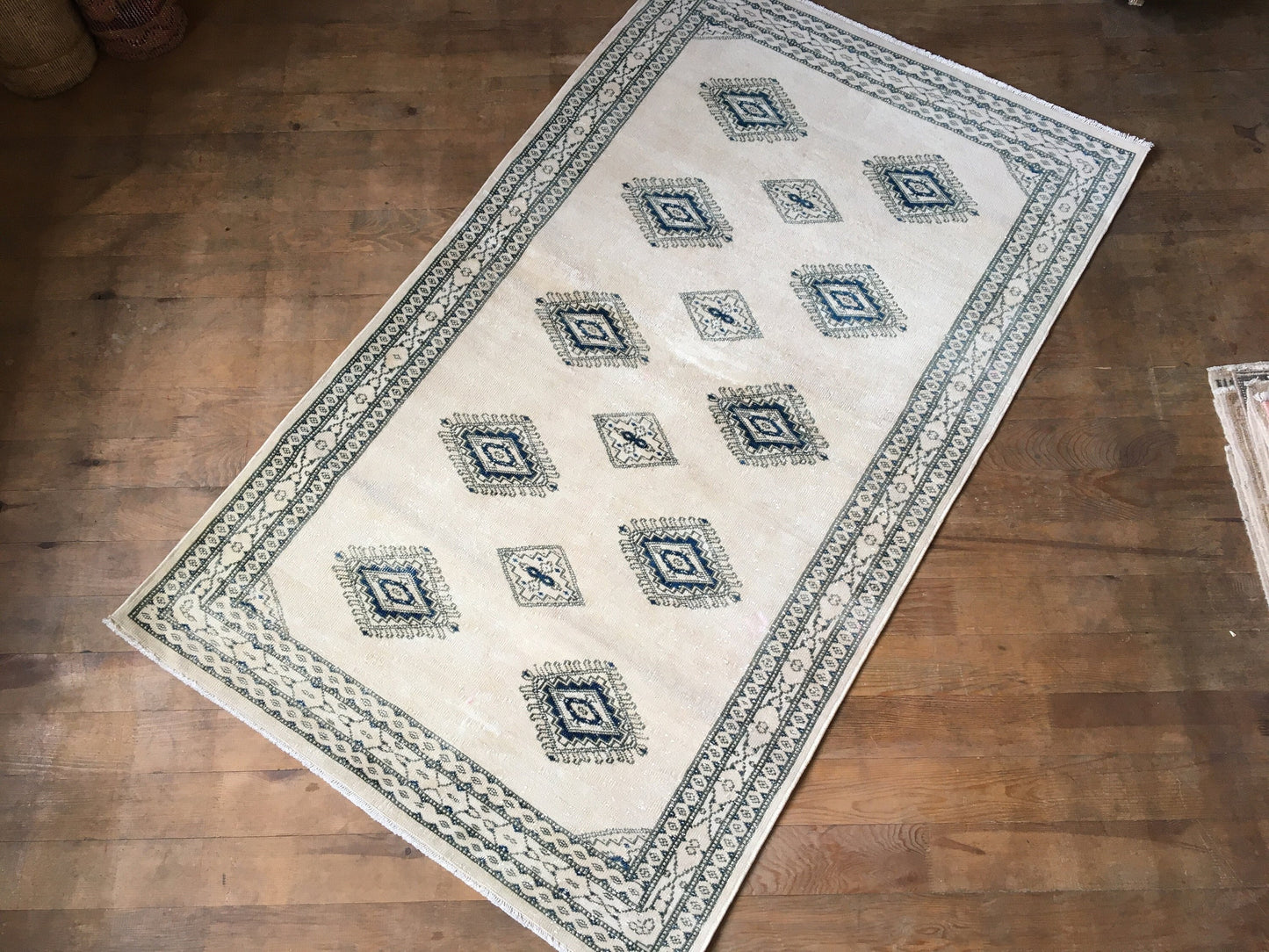 3x5 feet handmade blue turkish rug, oushak white large rug, vintage wool living room area rug, hallway old oriental rug, large floor rugs