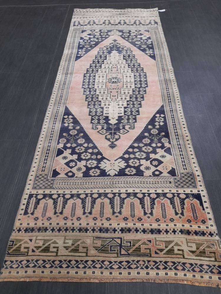 Blue and Pink TURKISH Runner Rug Vintage Runner Rug 3 x 9 Oriental Runner Rug Wool Oushak Rug Hand Knotted Rugs Vintage Turkish Runner Rug