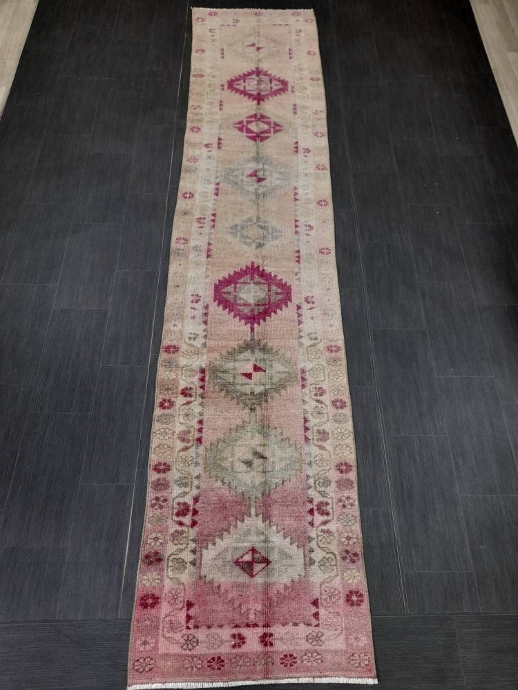 Muted Vintage Runner Rug Vintage Oushak Runner Rug 2.6 x 12.4 Hallway Runner Rug Turkish Kitchen Runner Rug Antique Wool Oriental Runner Rug