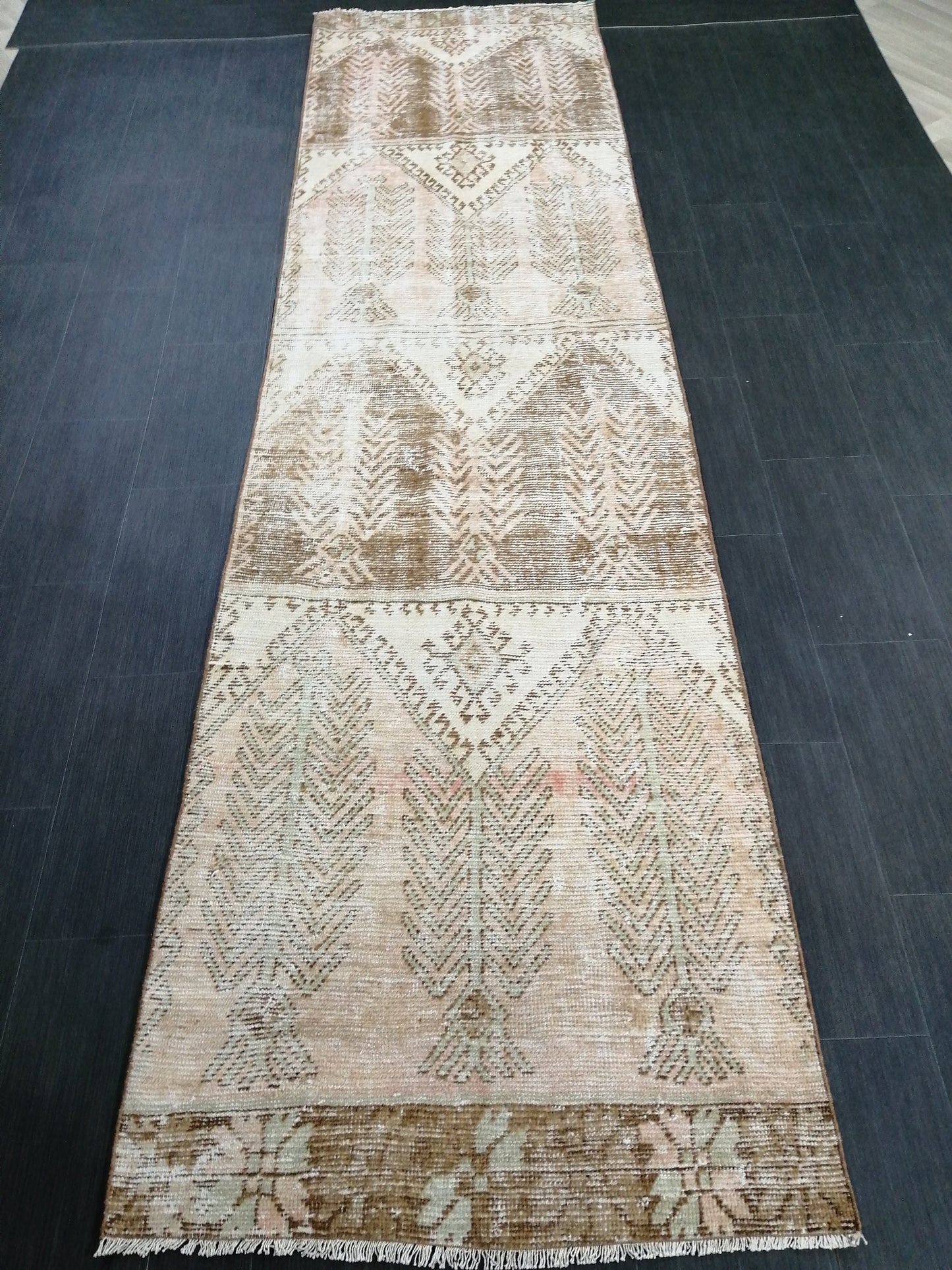 12 x 3.2 Muted Vintage Runner Rug Muted Hallway Runner Rug Kitchen Runner Rug Distressed Wool Runner Rug Wool Oushak Runner