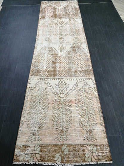 12 x 3.2 Muted Vintage Runner Rug Muted Hallway Runner Rug Kitchen Runner Rug Distressed Wool Runner Rug Wool Oushak Runner