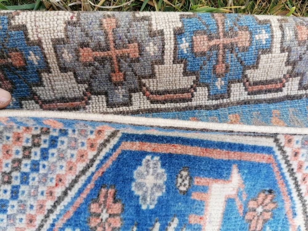 Turkish blue wool rug 6'8x10 large oushak vintage rug, unique hand made, living room rug