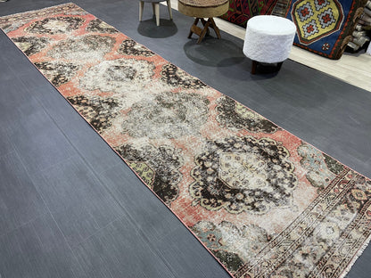 Turkish Distressed Runner Rug, Persian Runner 3 x 12 Rug, Vintage Runner Rug, Hallway Runner Rug,  Kitchen Runner Rug, Wool Runner Rug