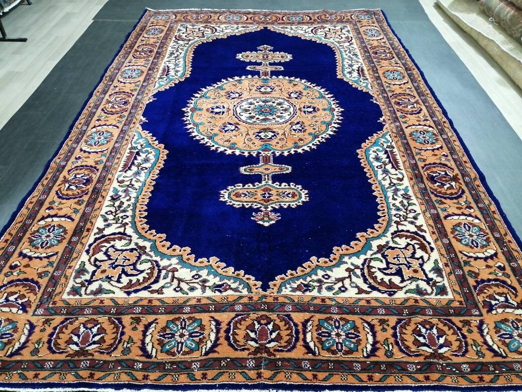 Navy High Wool Pile OUSHAK RUG 7 x 10.7 TURKISH Oushak Rug Vintage High Pile Oushak  Rug Vintage Rug Wool Oushak Rug Blue Rugs Persian Rug