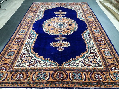 Navy High Wool Pile OUSHAK RUG 7 x 10.7 TURKISH Oushak Rug Vintage High Pile Oushak  Rug Vintage Rug Wool Oushak Rug Blue Rugs Persian Rug