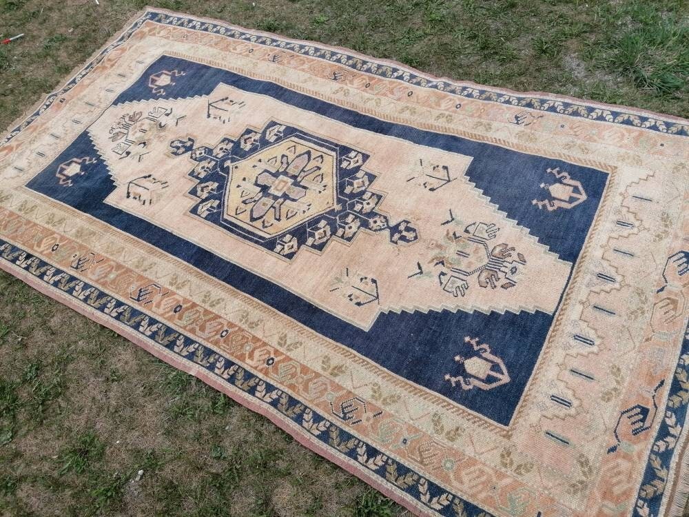 5'6x10 blue vintage rug, oushak wool rug , large anatolian rug,unique hand made