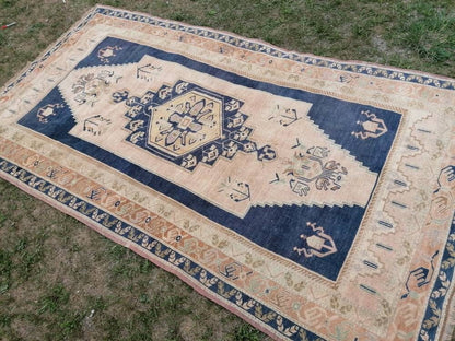 5'6x10 blue vintage rug, oushak wool rug , large anatolian rug,unique hand made