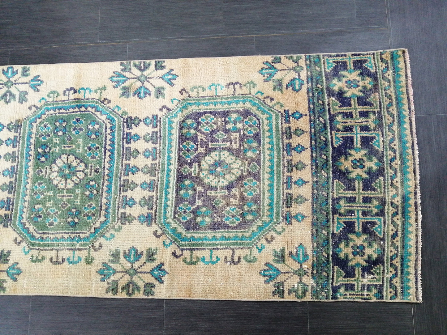 Green Blue Beige Oushak Runner Rug 11.8 x 2.8 Turkish Runner Rug Vintage Runner Rug 3x12 Hallway Runner Rug Kitchen Runner Rug Wool Runner