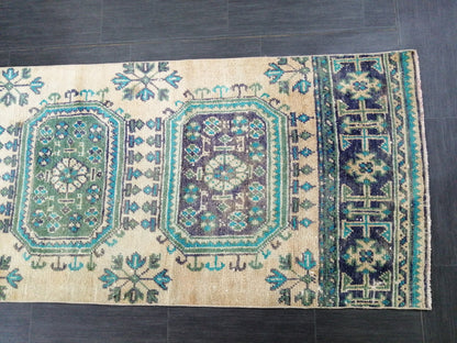 Green Blue Beige Oushak Runner Rug 11.8 x 2.8 Turkish Runner Rug Vintage Runner Rug 3x12 Hallway Runner Rug Kitchen Runner Rug Wool Runner
