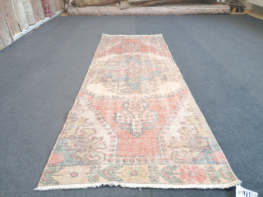 Vintage runner rug 8'8x2'5 turkish oushak area rug,muted soft colors turkish trend rug,low pile pale colors rug,shabby rug,chic rug