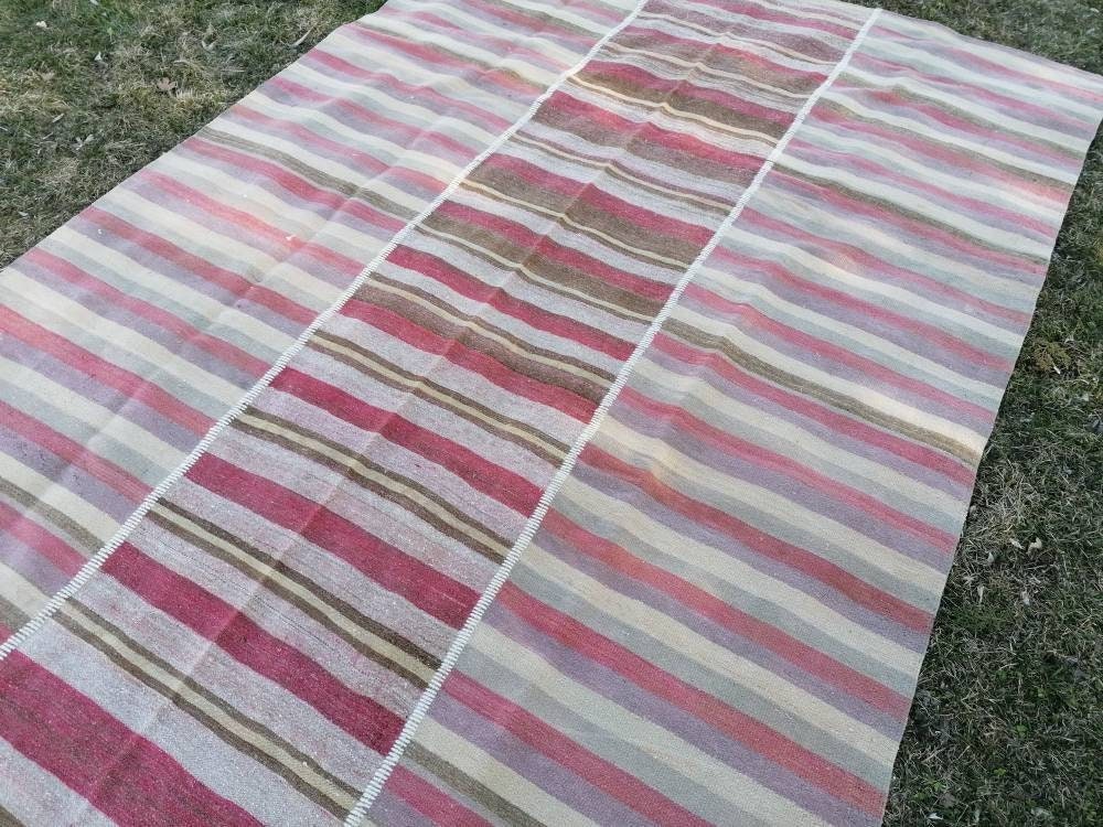 6.8 x 9.7 Flatwoven kilim rug  stripe handmade rug vintage turkish rug, vintage oushak rug, wool rug