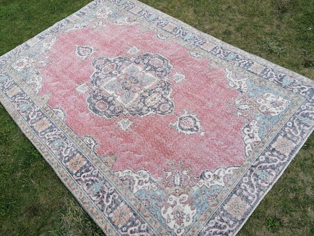 Large vintage rug, pastel oushak wool rug 6x9 distressed unique hand made rug, living room rug kitchen runner rug, bohemian rug