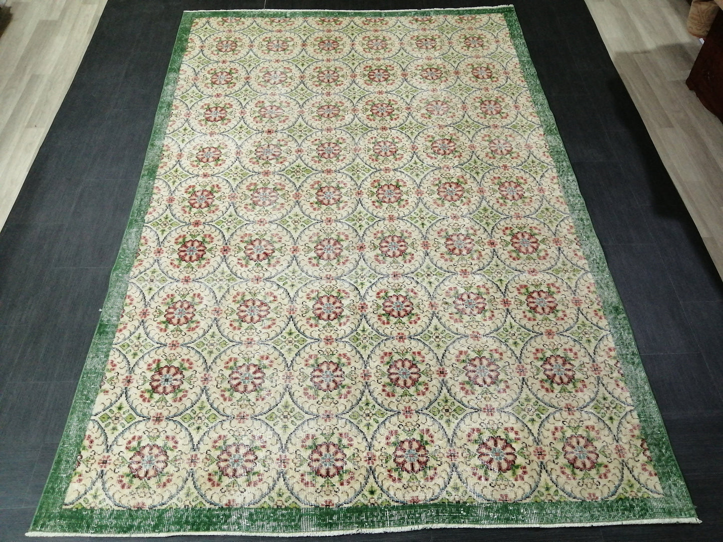 6.4 X 9.5 Rug, Hand Made Rug, Oushak Rug, Rustic Rug, Bohemian Rug, Green Floral Rug , Turkish Rug, Farmhouse Rug, Vintage Rug, Wool rug