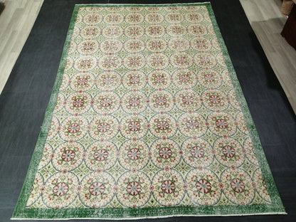 6.4 X 9.5 Rug, Hand Made Rug, Oushak Rug, Rustic Rug, Bohemian Rug, Green Floral Rug , Turkish Rug, Farmhouse Rug, Vintage Rug, Wool rug