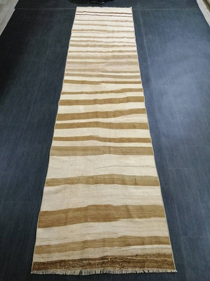 Neutral Vintage Runner rug , Neutral Flat woven Kilim Runner 11.6 x 2.7 Oriental Runner Rug, Oriental Carpet, Vintage Kilim Rug Wool Carpet