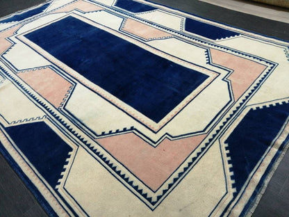 Vintage Rug,  Navy Unique Pattern Rug 6.8 x 9.8 Oushak Rugs, 7x10 Rugs,Turkish Rugs Navy Blush Green Rugs, Oriental Rug, Fine Rugs