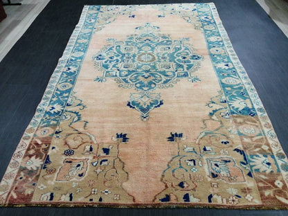 Wool Vintage Rug Turkish Rug 5.4 x 8.8  Muted Oushak  Rug,  Hand Made Rug, Living Room Rug, Oushak Rug, Blue Rug Medium Wool Pile Rug
