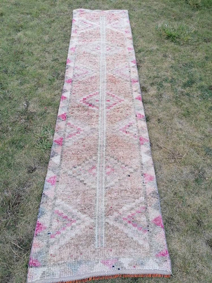 2.7 x 10.9 Vintage turkish runner, high pile runner, hallway runner,  turkish handmade wool rug, kitchen rug, oushak rug