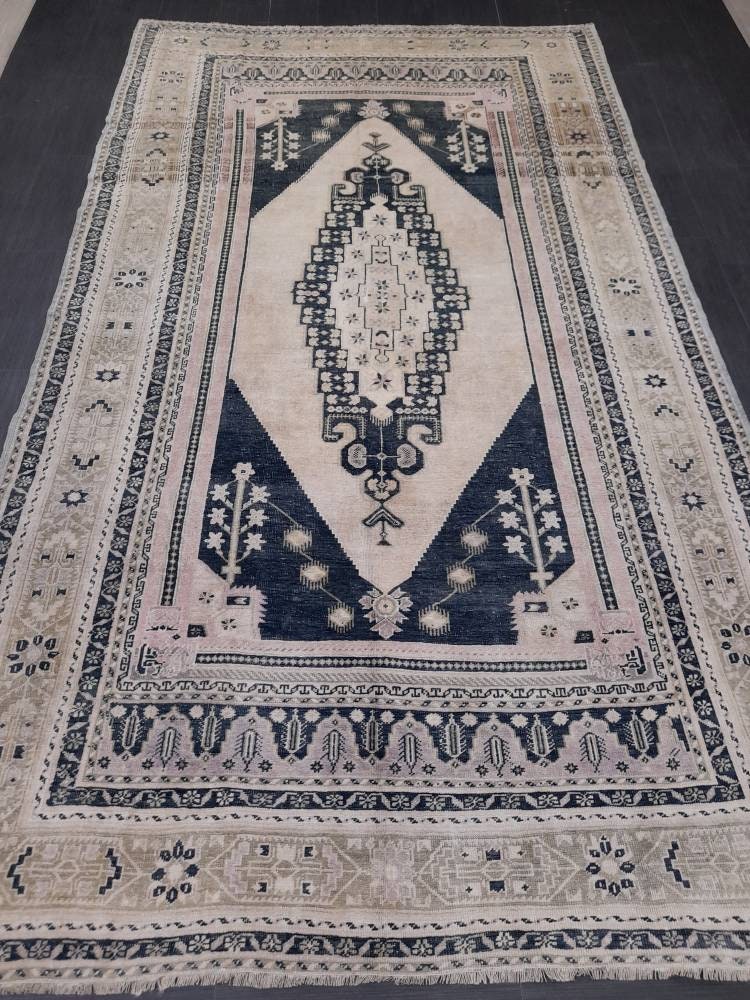 Muted TURKISH Rug Vintage Oriental Rug Vintage Persian Rug Blue OUSHAK RUG 6 x 10.8 Oushak Rug Hand Made Rug Vintage Excellent Condition Rug