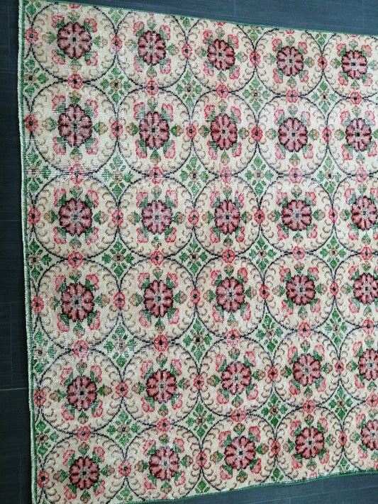 Green Floral Rugs, 8.5 x 5.3 Hand Made Rug, Oushak Rug, Rustic Rug, Turkish Rug,Vintage Rug, Wool rug